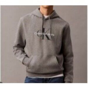 Calvin Klein Mens Fleece Pullover Monogram Logo Modern Hoodie Grey Size XS NWT
